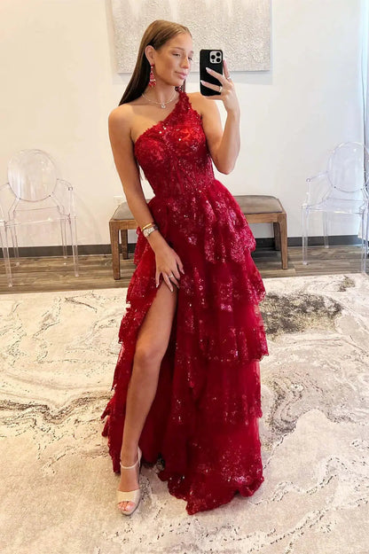 Vibrant Navy Blue Ruffles One shoulder Prom Dress with High Slit SH156