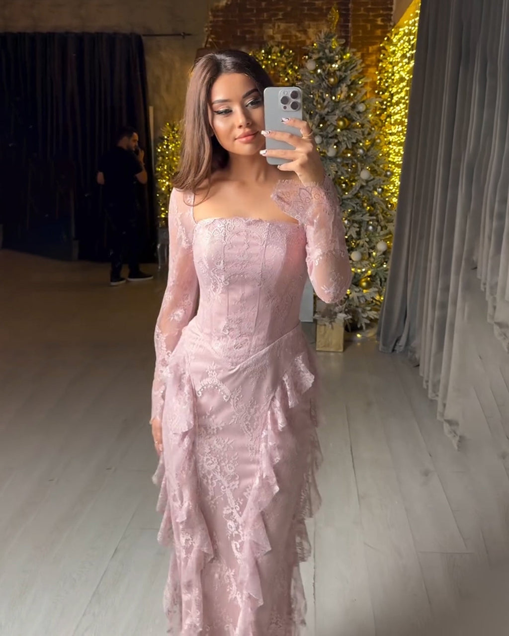 Elegant Pink Lace Trim Long Sleeve Evening Dress SF497