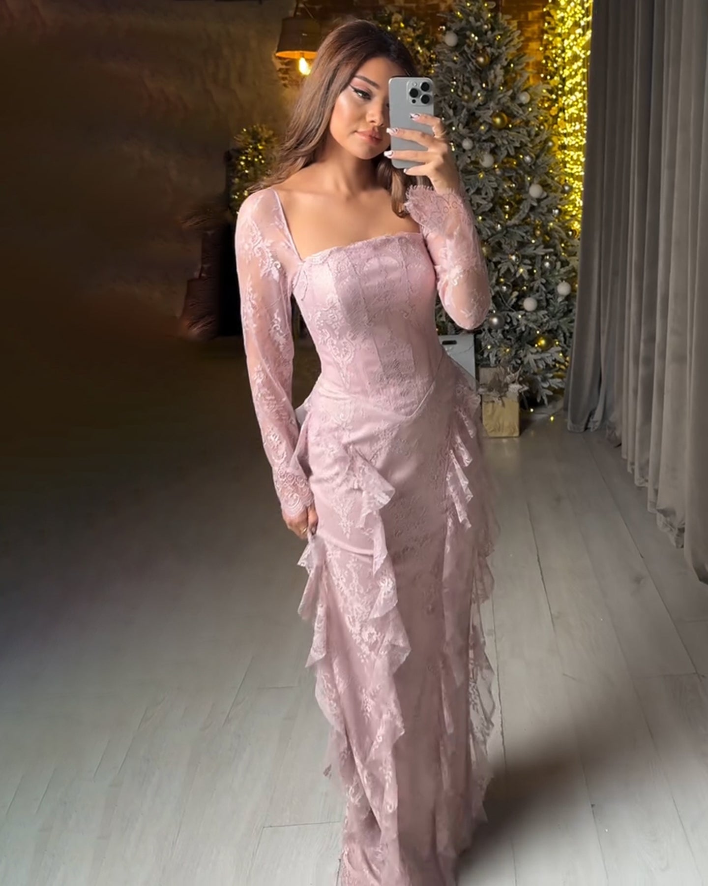 Elegant Pink Lace Trim Long Sleeve Evening Dress SF497