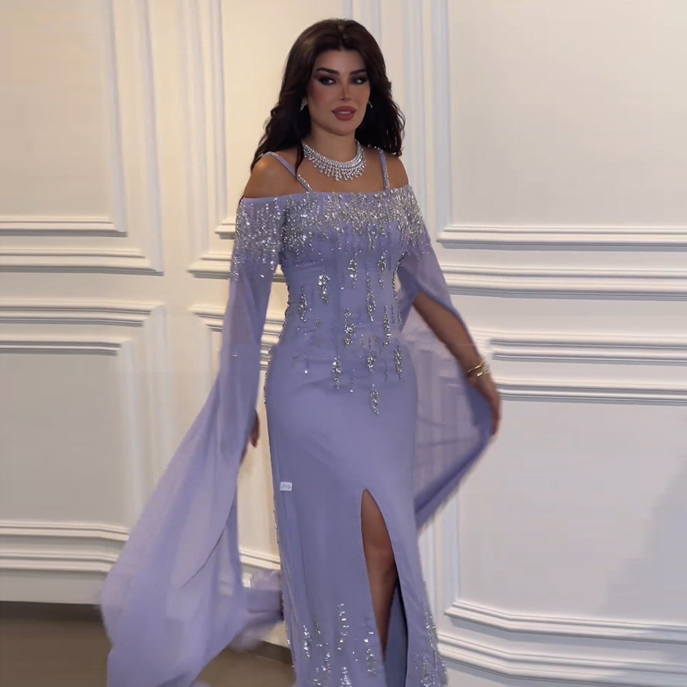 Luxury Beaded Lilac Mermaid Evening Dress with Cape Sleeves SS448