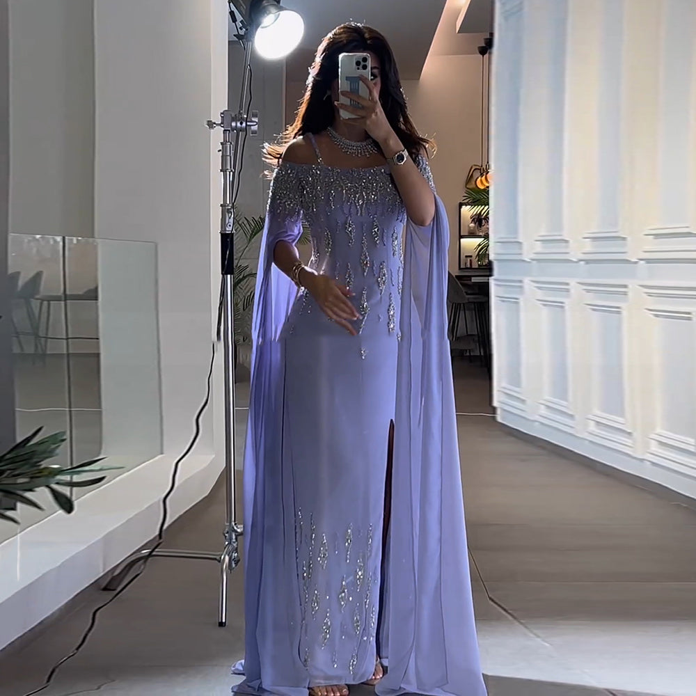 Luxury Beaded Lilac Mermaid Evening Dress with Cape Sleeves SS448