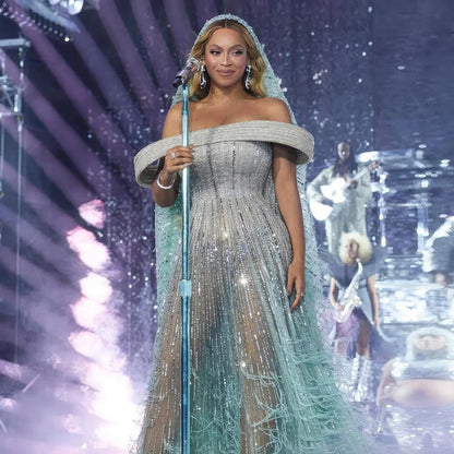 Luxury Feathers Aqua Off Shoulder Evening Dress SS435
