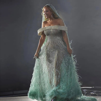 Luxury Feathers Aqua Off Shoulder Evening Dress SS435