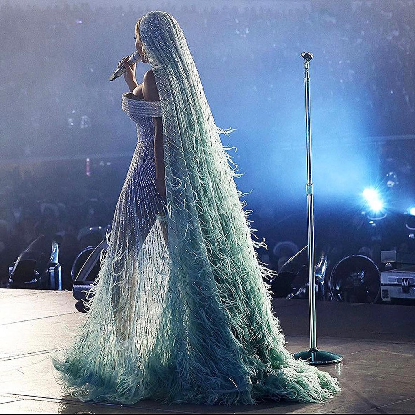 Luxury Feathers Aqua Green Off-Shoulder Evening Dresses SS435