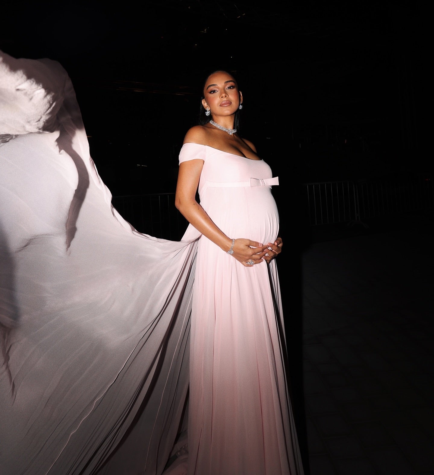 Elegant Off Shoulder Pink Evening Dress with Overskirt SF328