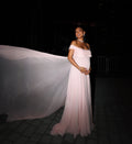 Elegant Off Shoulder Pink Evening Dress with Overskirt SF328
