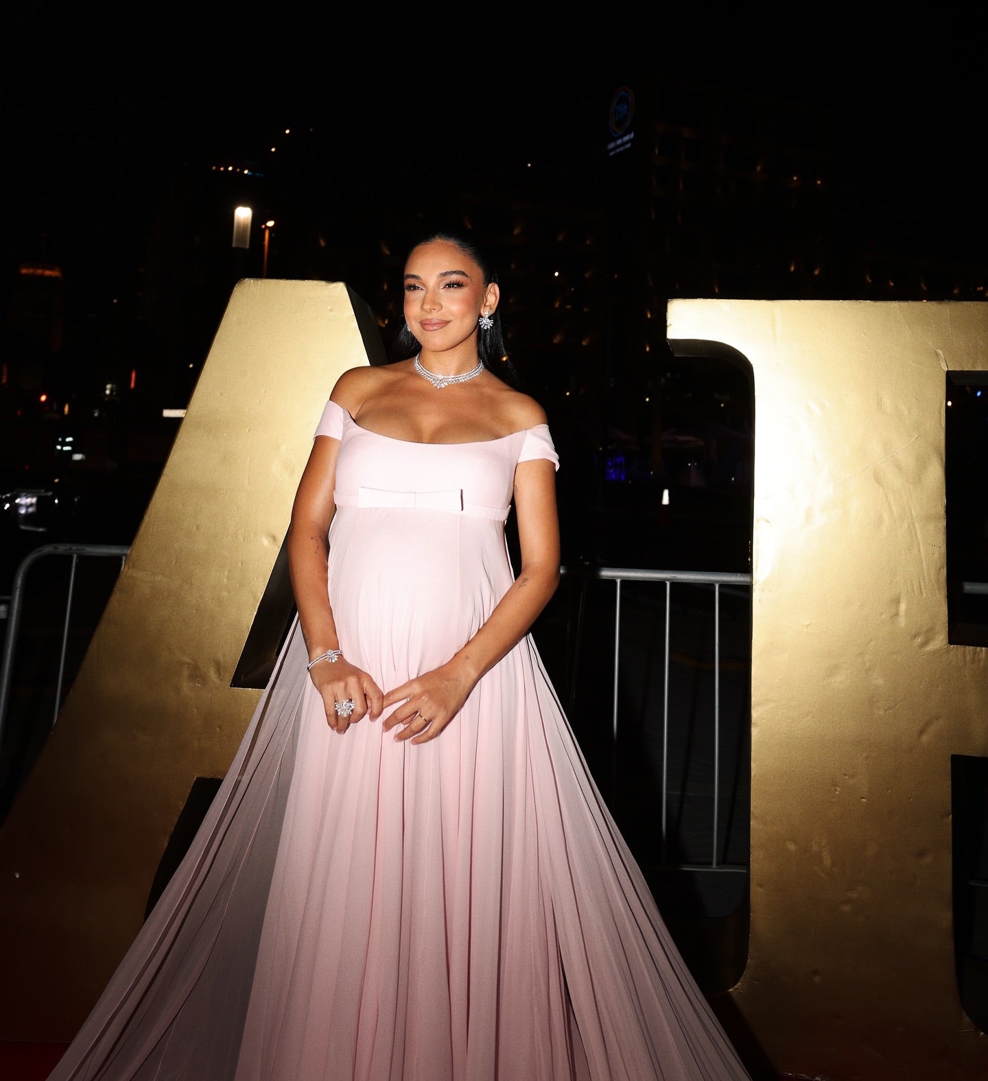 Elegant Off Shoulder Pink Evening Dress with Overskirt SF328