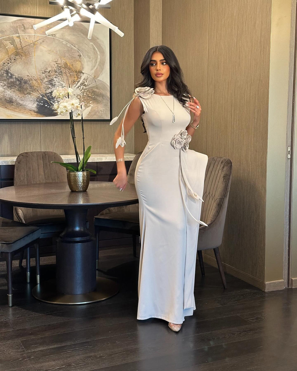Luxury Khaki 3D Floral Evening Dress with Overskirt SF417
