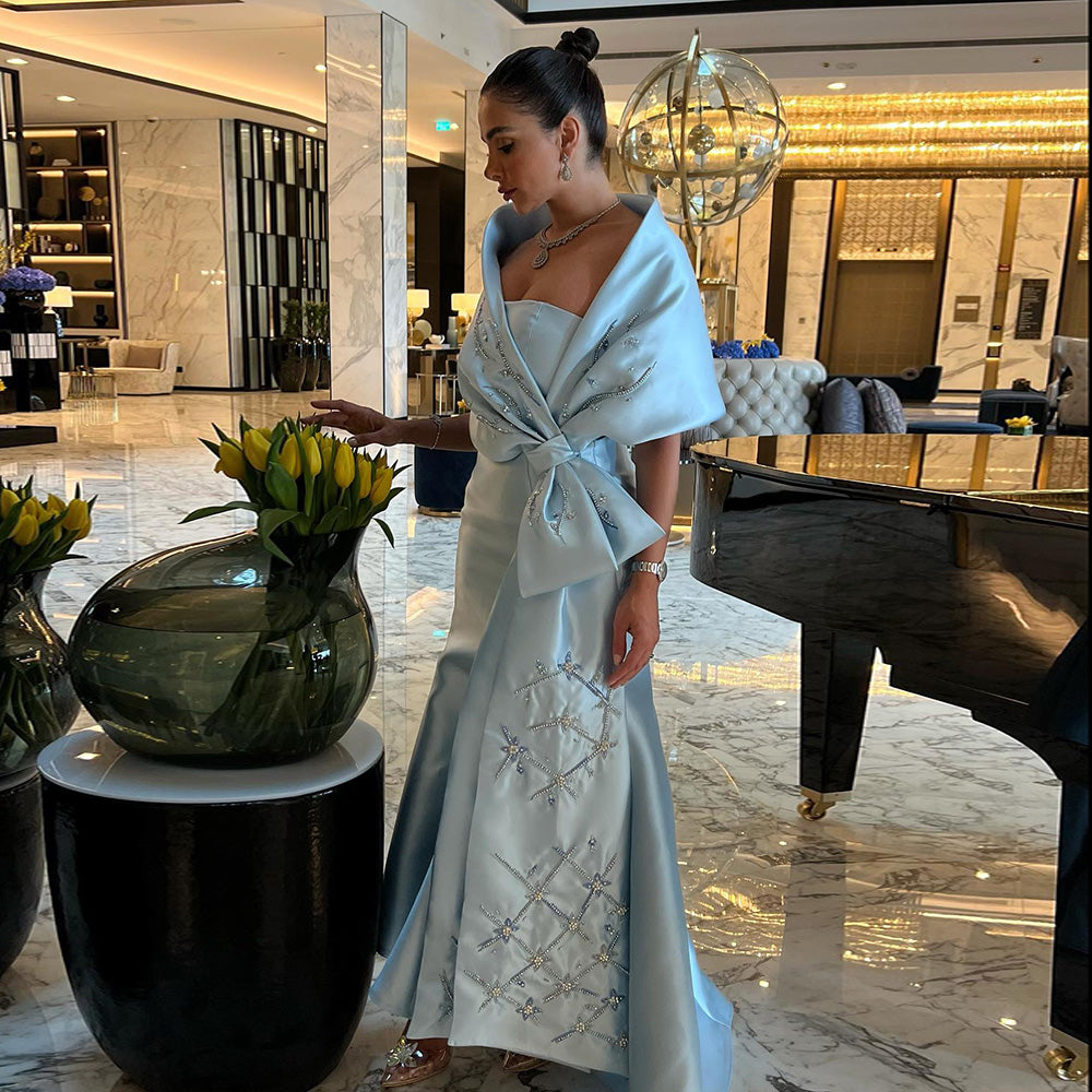 Luxury Beaded Blue Mermaid Evening Dresses with Cape SS333