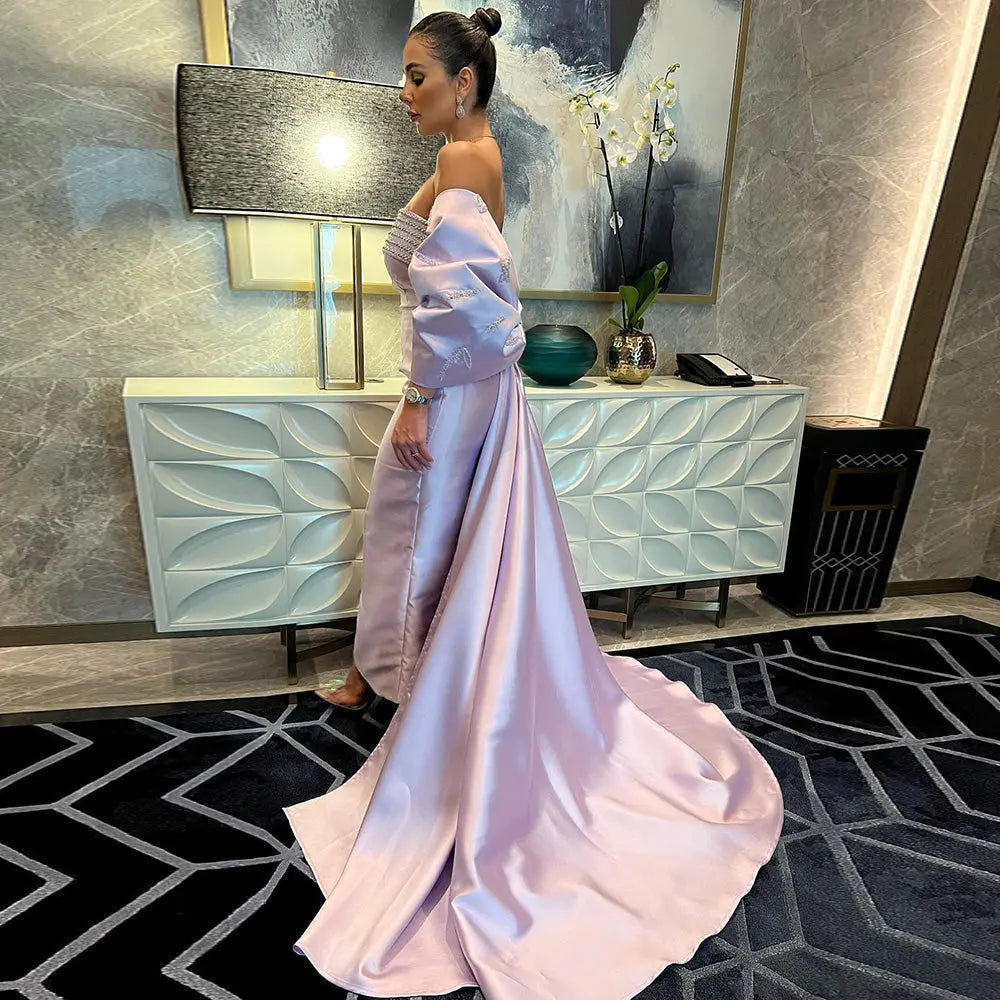 Luxury Lilac Beaded Evening Dress with Bow Cape SS319