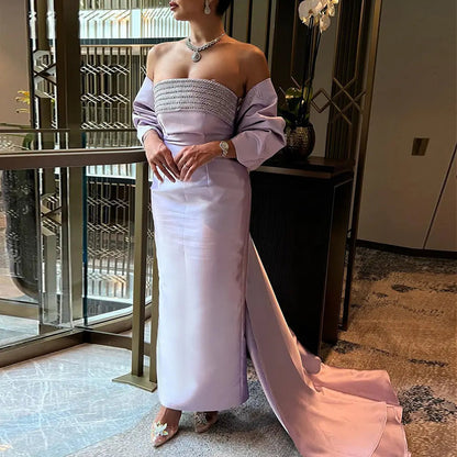 Luxury Lilac Beaded Evening Dress with Bow Cape SS319
