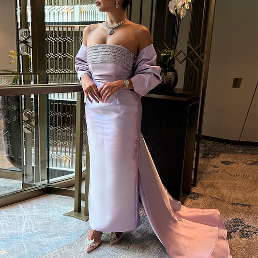 Luxury Beaded Lilac Evening Dresses with Bow Cape SS319