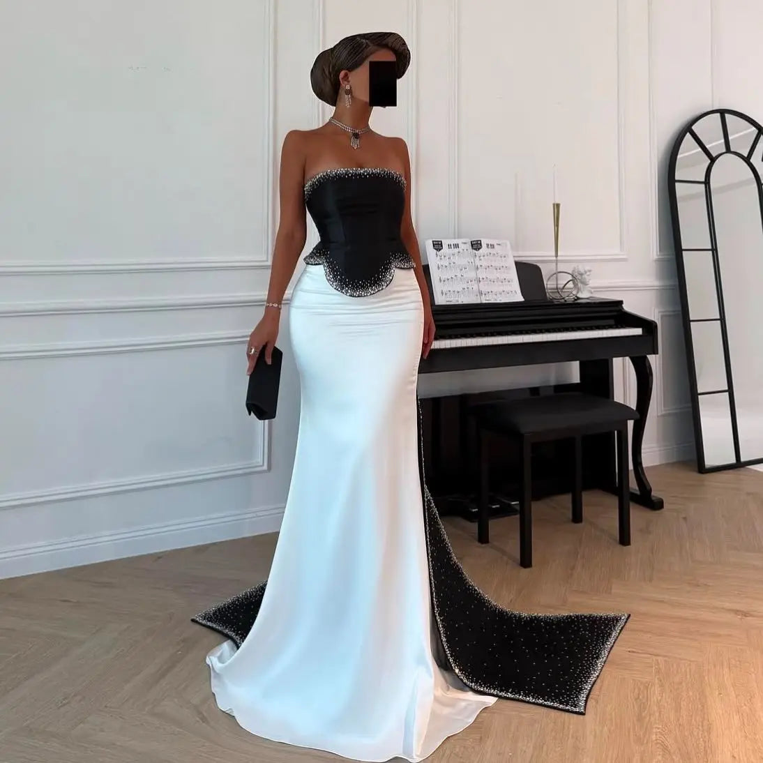 Luxury Black-White Mermaid Evening Dress with Detachable Train SF308