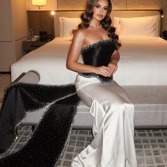 Luxury Black and White Beaded Strapless Evening Dress SF308