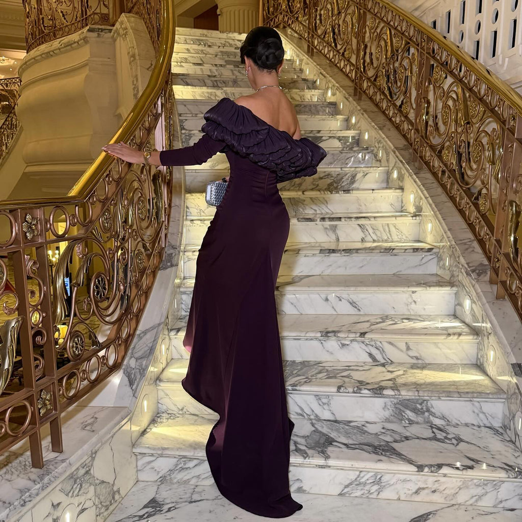 Luxury Purple Ruffled Long Sleeve Train Evening Dress SF323
