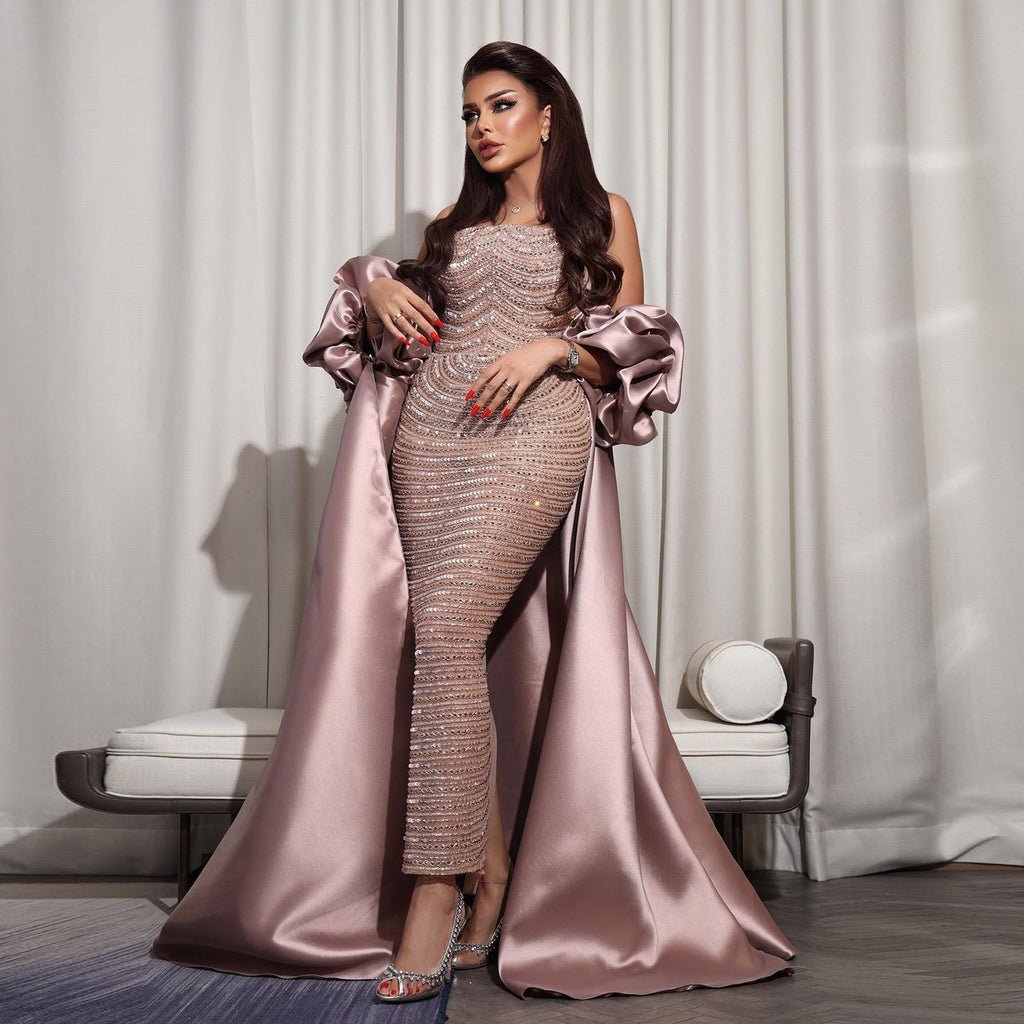 Luxury Dusty Rose Midi Evening Dress with Cape SS492