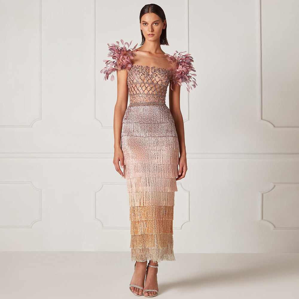 Luxury Feathers Lilac Ankle Length Tassel Evening Dress SS379