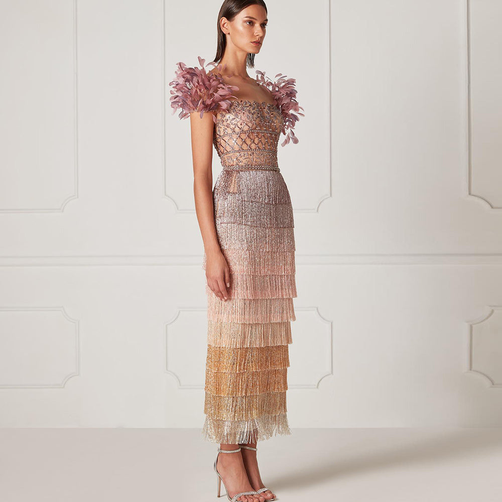 Luxury Feathers Lilac Ankle Length Tassel Evening Dress SS379