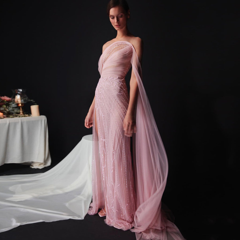 Chic Off Shoulder Blush Pink Evening Gown with Cape Sleeves SS466