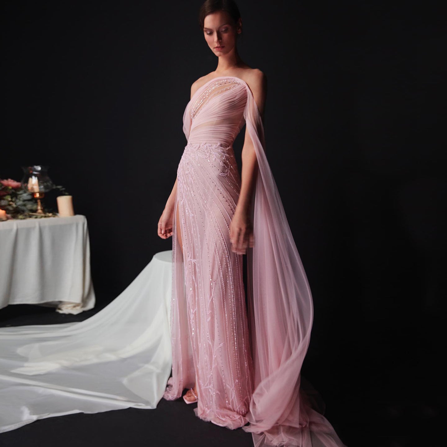 Chic Off Shoulder Blush Pink Evening Gown with Cape Sleeves SS466