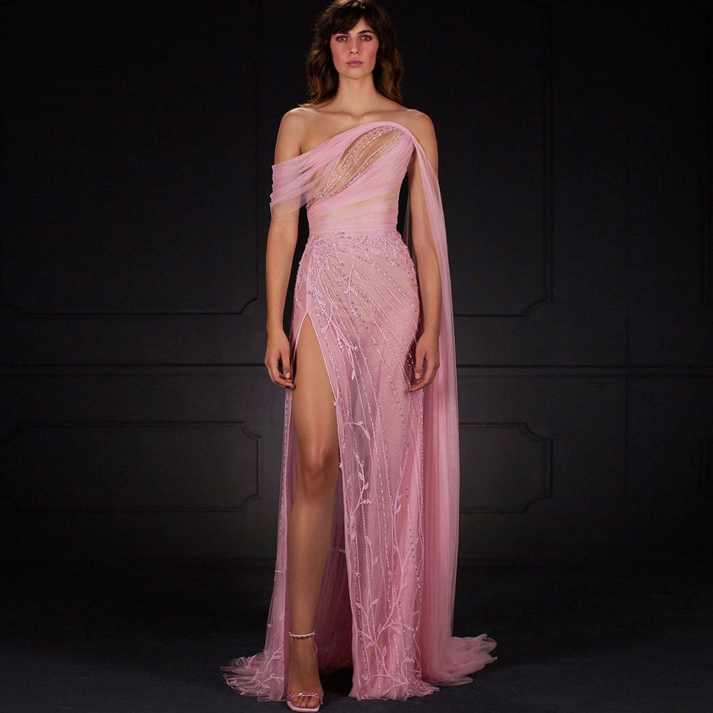 Chic Off Shoulder Blush Pink Evening Gown with Cape Sleeves SS466