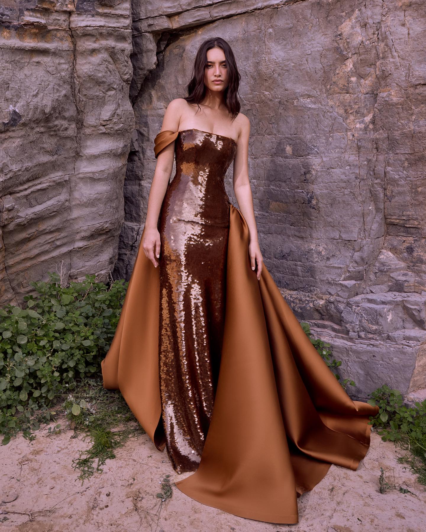 Stunning Sequined Brown Evening Dress with Overskirt SF236