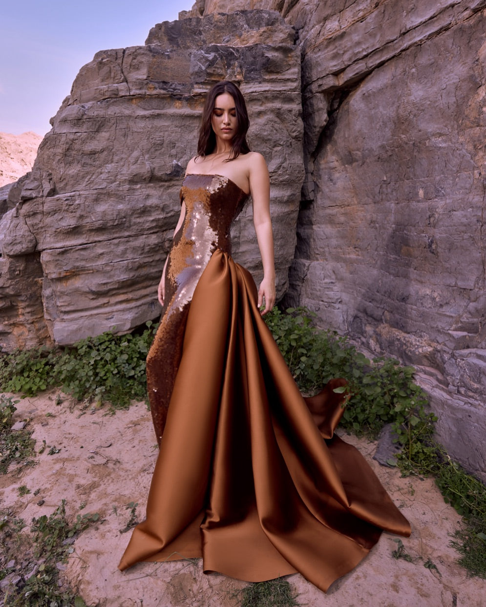 Stunning Sequined Brown Evening Dress with Overskirt SF236