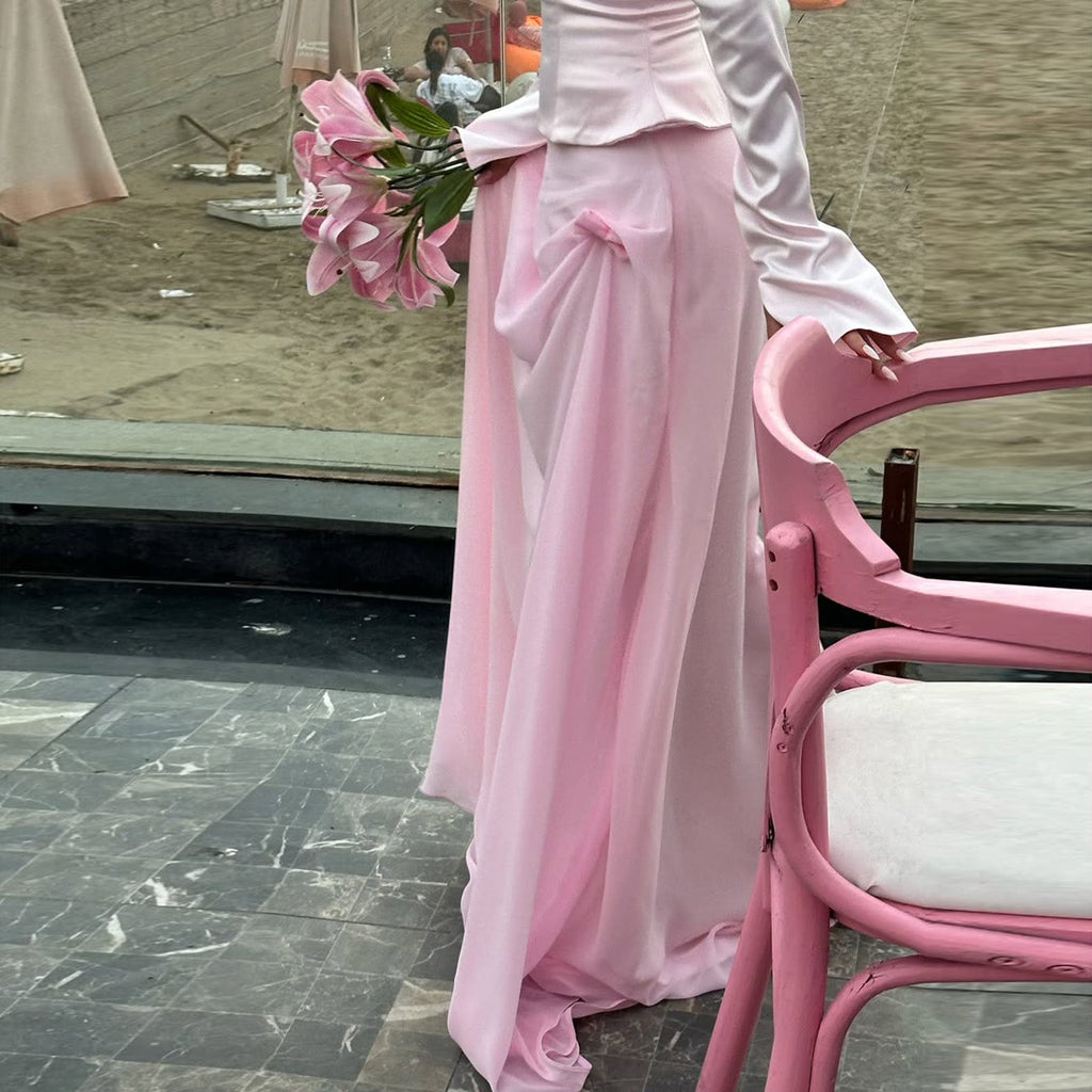 Luxury Lilac Satin Long Sleeve Evening Dress with Scarf and Bow Knot SF393