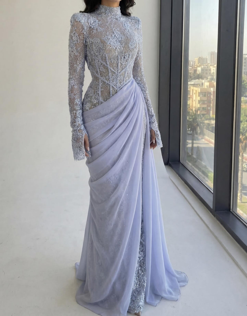 Luxury Violet Sheer Long Sleeve Train Evening Dress with Overskirt SF429