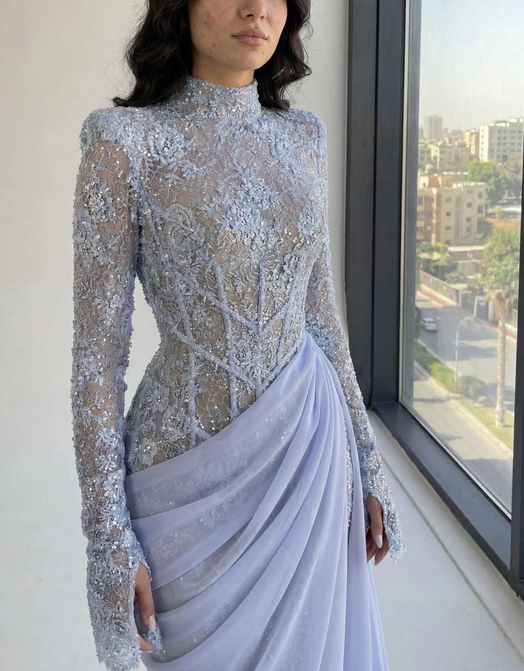 Luxury Violet Sheer Long Sleeve Train Evening Dress with Overskirt SF429