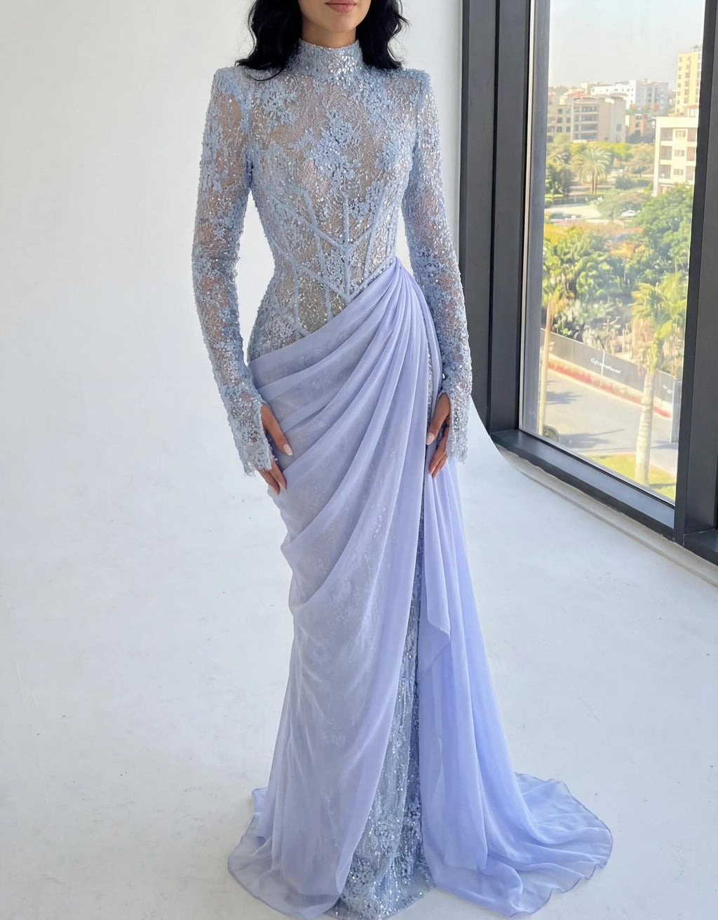 Luxury Violet Sheer Long Sleeve Train Evening Dress with Overskirt SF429