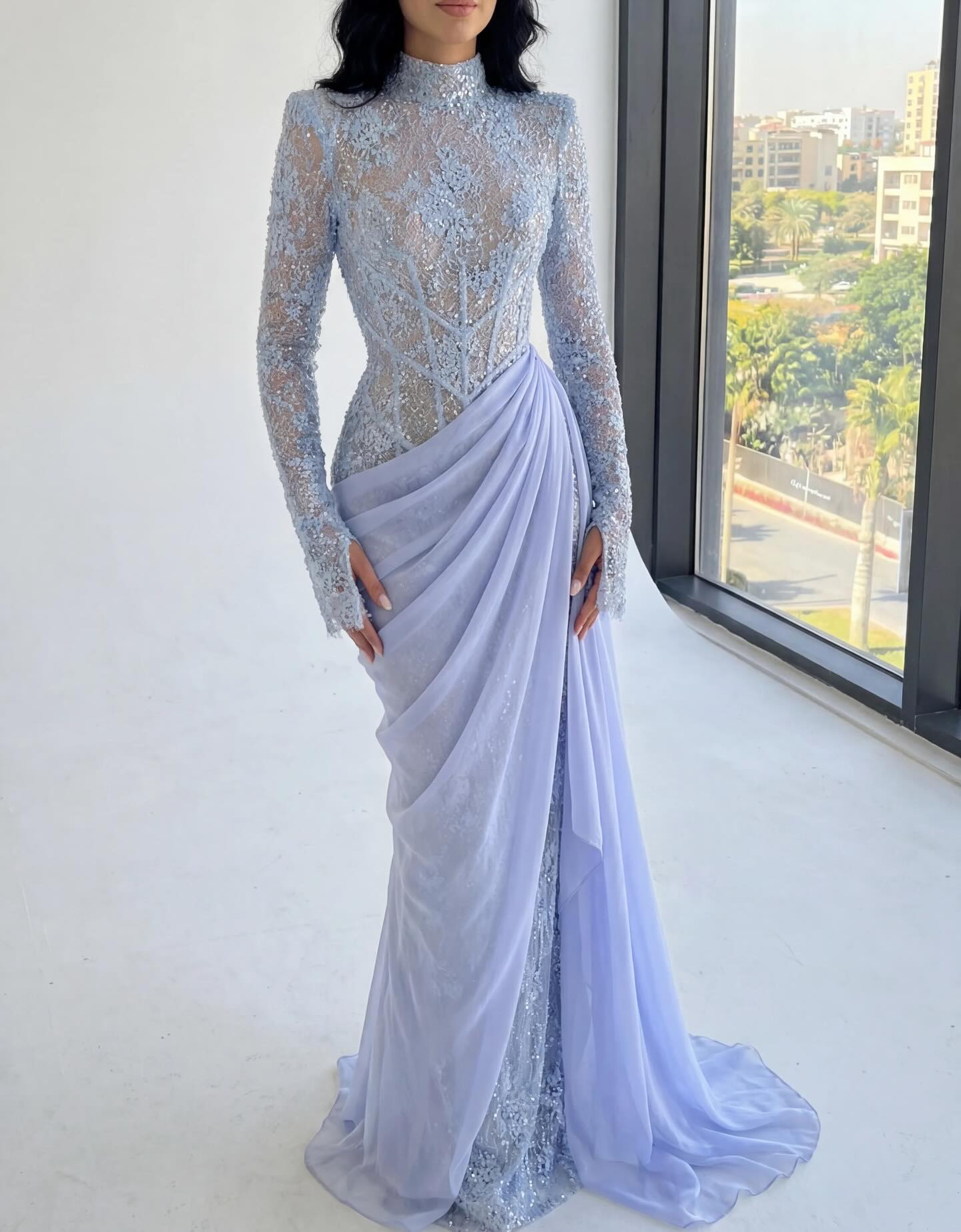 Luxury Violet Sheer Long Sleeve Train Evening Dress with Overskirt SF429