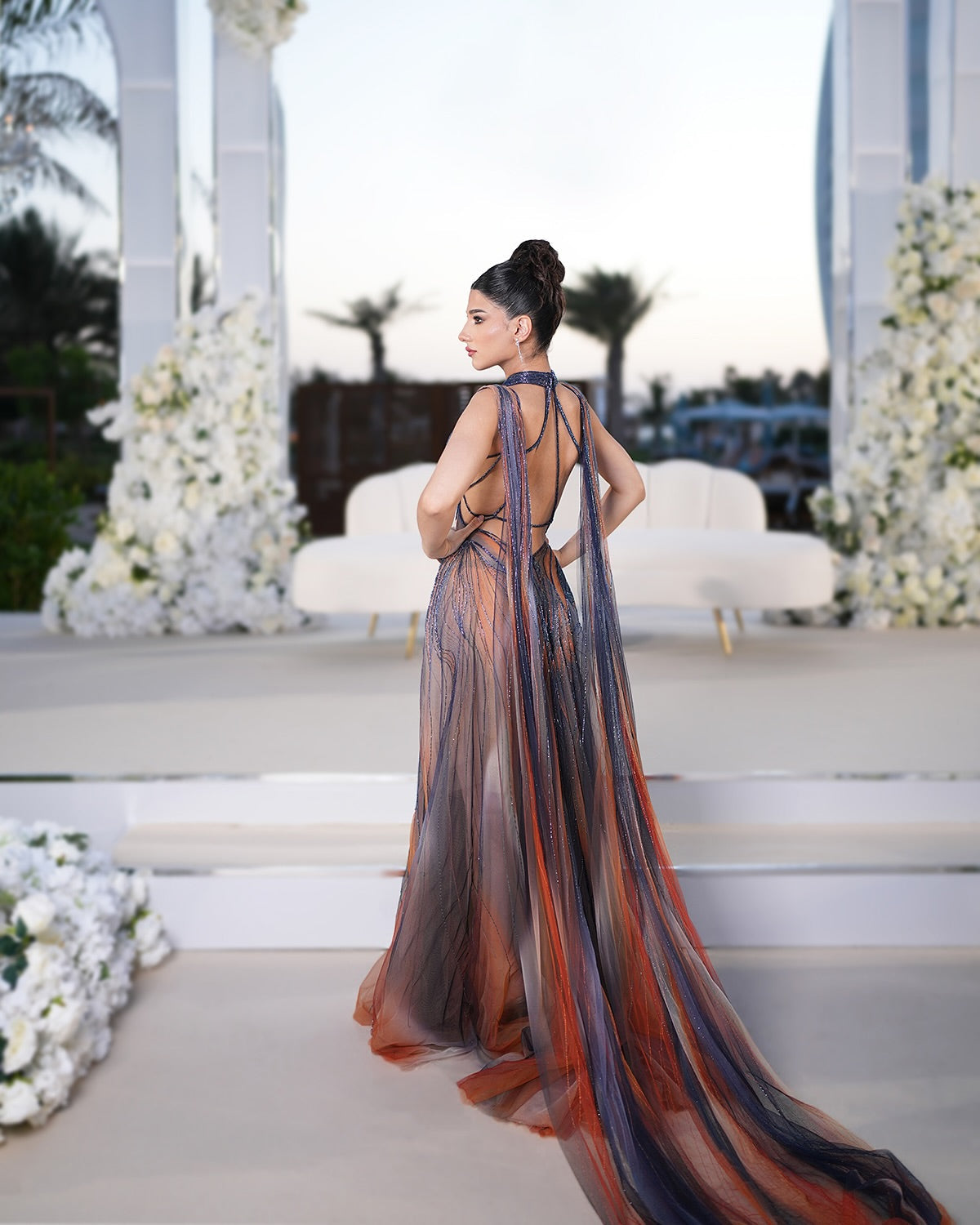 Luxury Gradient Beaded Evening Dress with Cape SS297