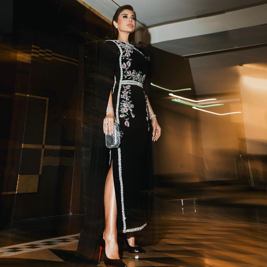 Luxury Embroider Pearls Black Evening Dress with Cape Sleeves SS487