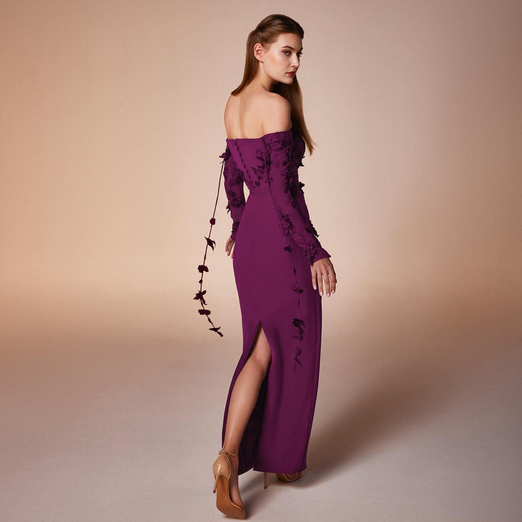 Elegant 3D Flowers Fuchsia Long Sleeves 2 Pieces Evening Dress SF264