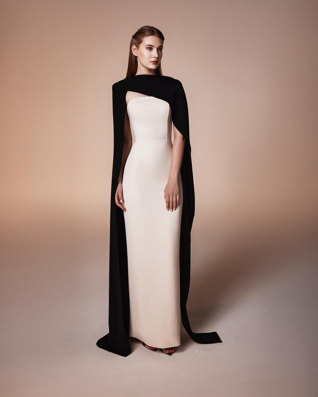 Elegant Beige Strapless Evening Dress with Cape Sleeve SF104
