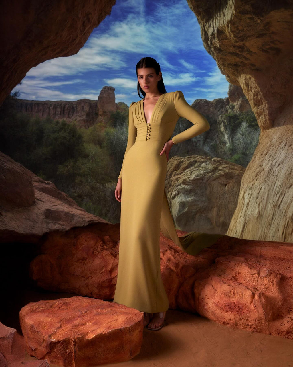Elegant Yellow Long Sleeves V-Neck Evening Dress SF173