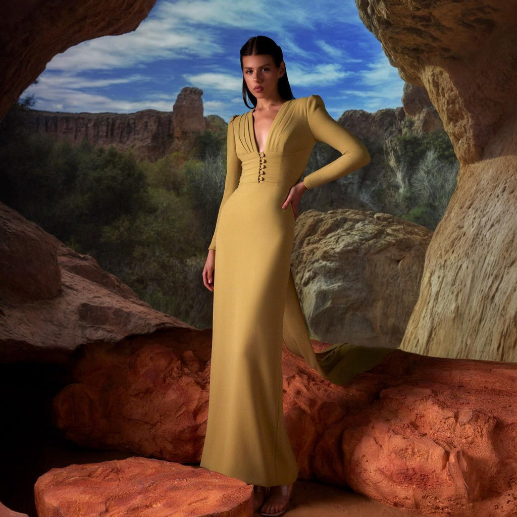 Elegant Yellow V-Neck Mermaid Evening Dress with Long Sleeves SF173