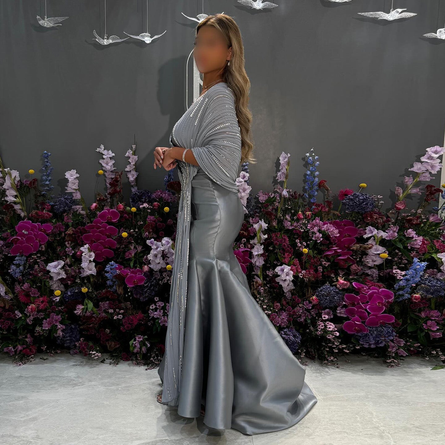 Luxury Gray Off Shoulder Evening Gown with Sparkly Shawl SF396