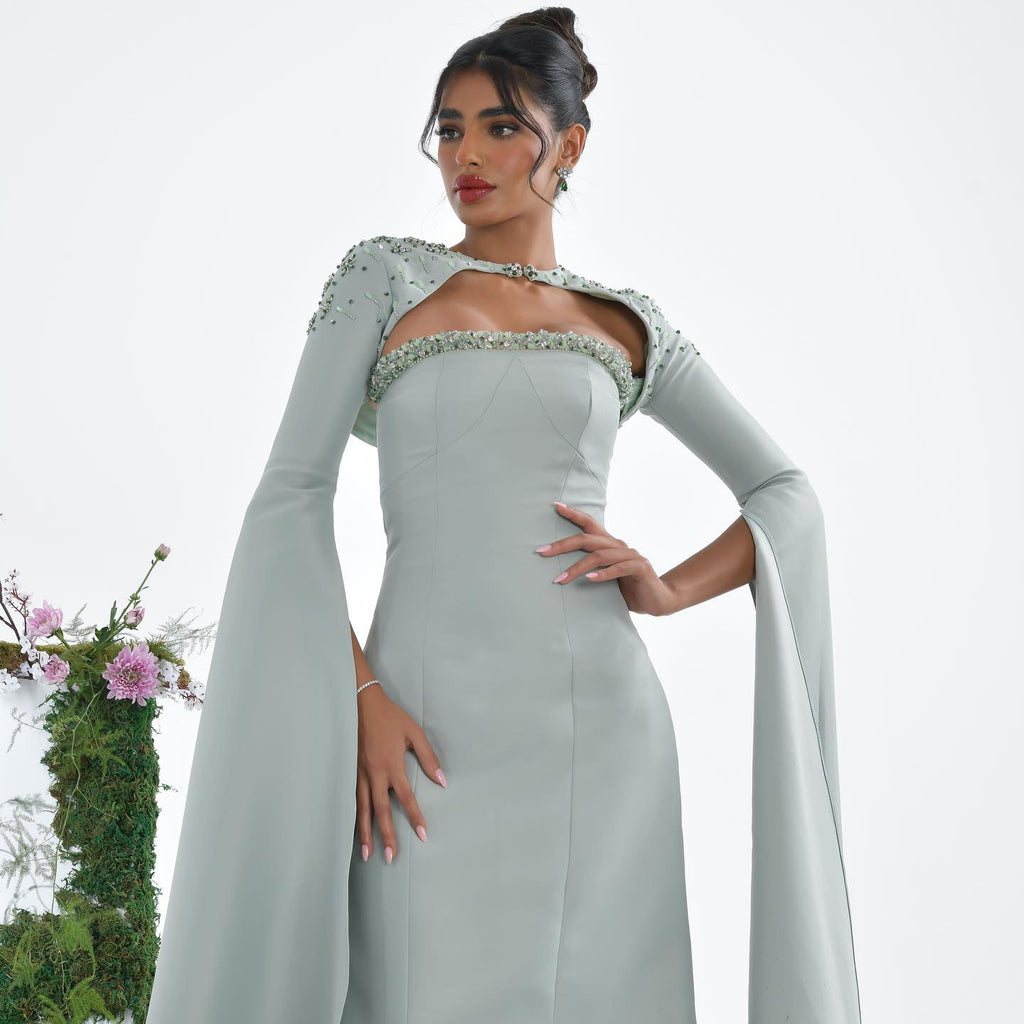 Luxury Beaded Sage Green Mermaid Evening Dress with Cape Sleeves SS424