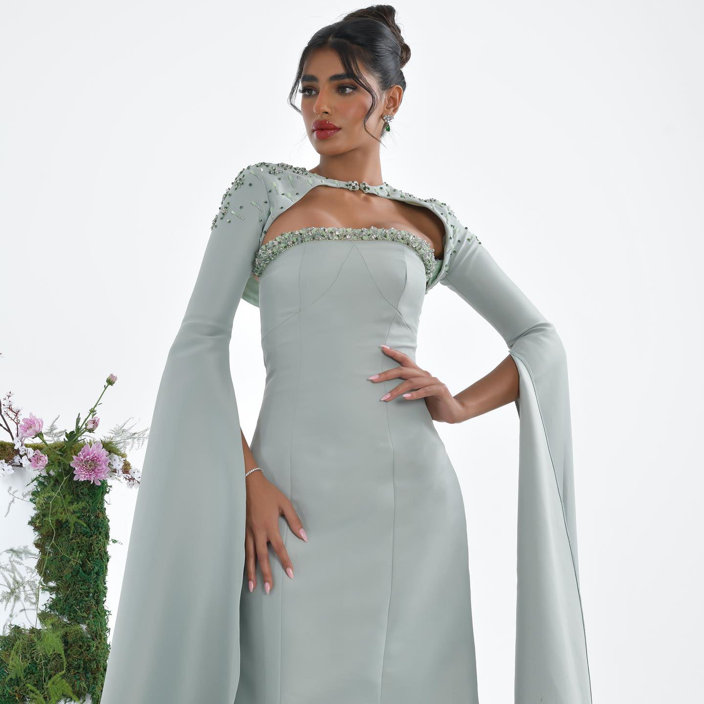 Luxury Beaded Sage Green Mermaid Evening Dress with Cape Sleeves SS424