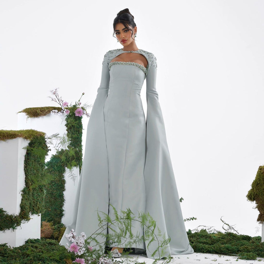 Luxury Beaded Sage Green Mermaid Evening Dress with Cape Sleeves SS424
