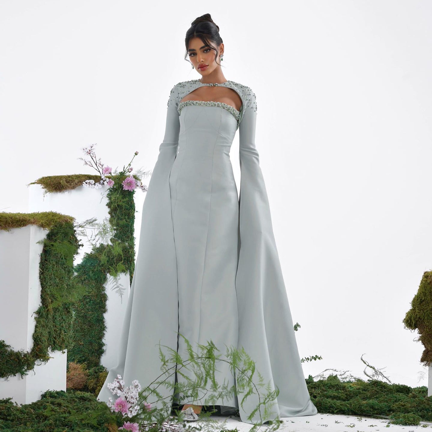 Luxury Beaded Sage Green Mermaid Evening Dress with Cape Sleeves SS424