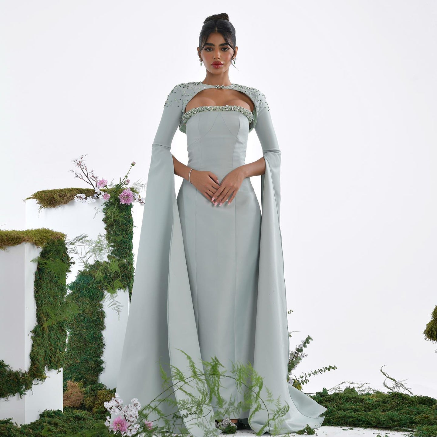 Luxury Beaded Sage Green Mermaid Evening Dress with Cape Sleeves SS424