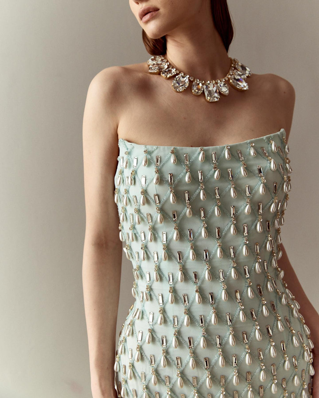 Luxury Pearls Sage Green Strapless Mermaid Evening Dress with Cape SS431
