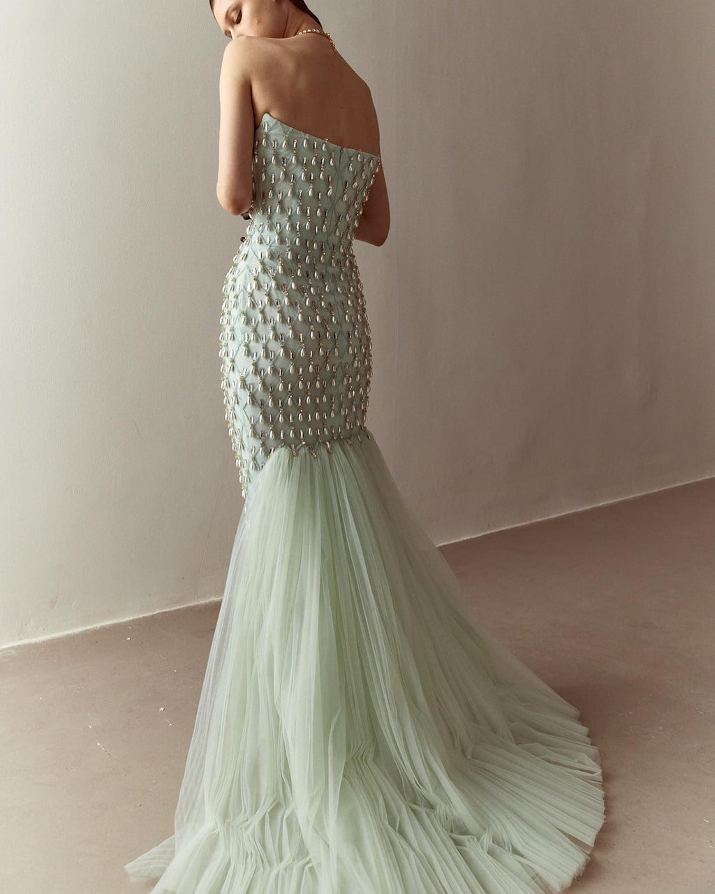 Luxury Pearls Sage Green Strapless Mermaid Evening Dress with Cape SS431