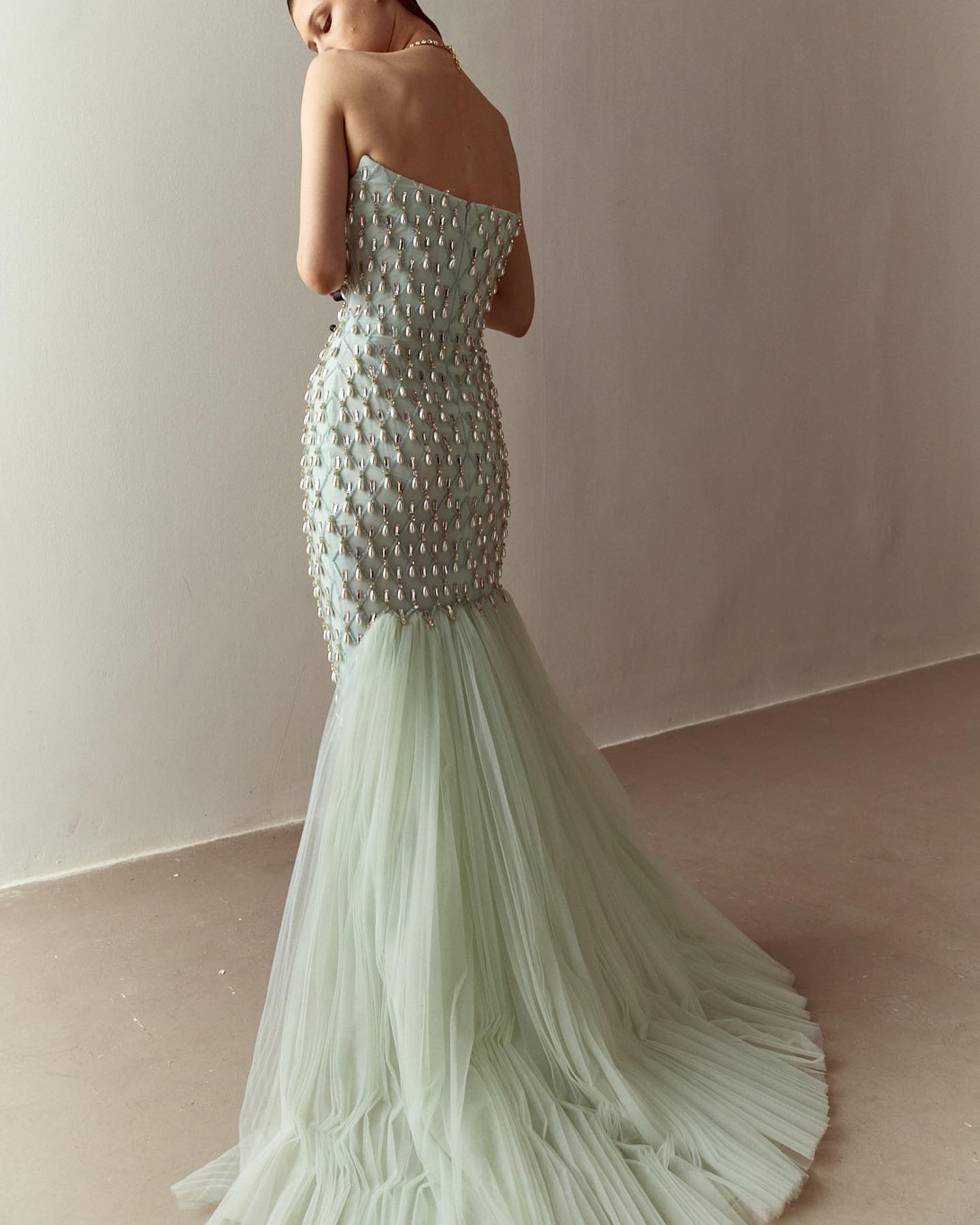 Luxury Pearls Sage Green Strapless Mermaid Evening Dress with Cape SS431