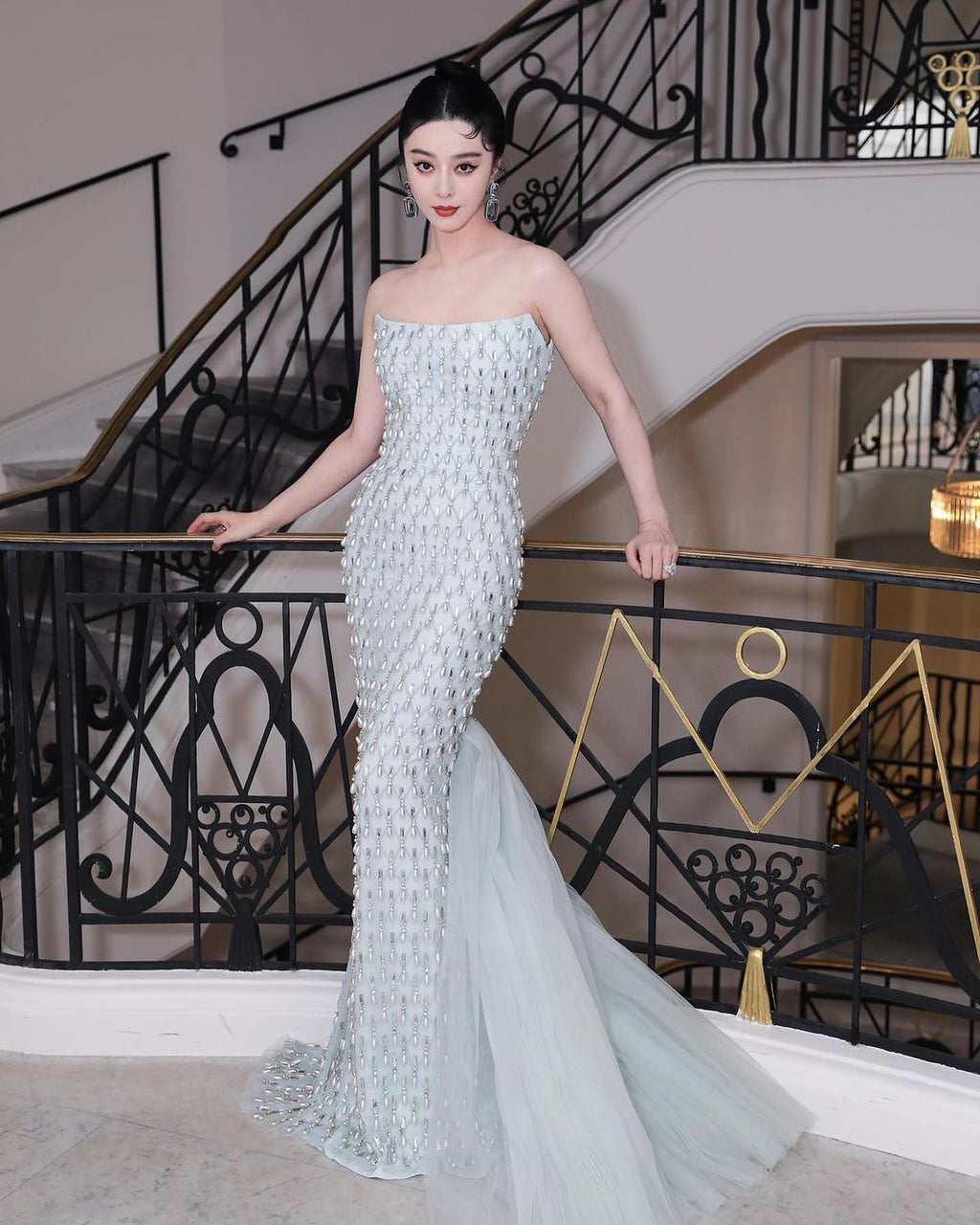Luxury Pearls Sage Green Strapless Mermaid Evening Dress with Cape SS431