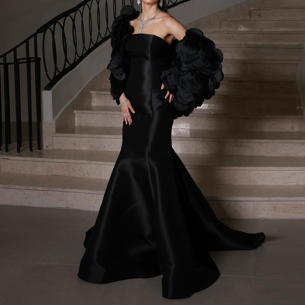 Luxury Black Strapless Ruffled Satin Mermaid Evening Dress SF588