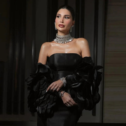 Luxury Black Strapless Mermaid Evening Dress with Petal Overlay SF 588